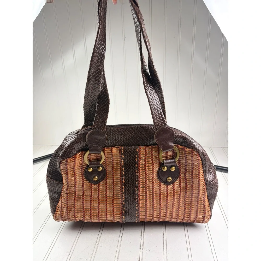 Vintage Y2K Boho Brown Woven Studded Western Hobo Rustic Shoulder Bag Purse